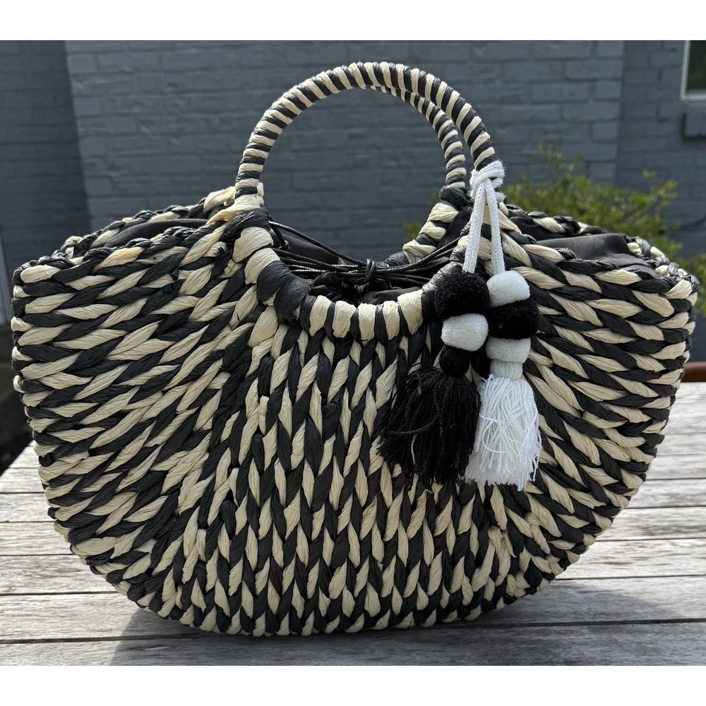 Woven Two-Tone (Black & Tan) Straw Tote Bag Circular Handles Drawstring Lining